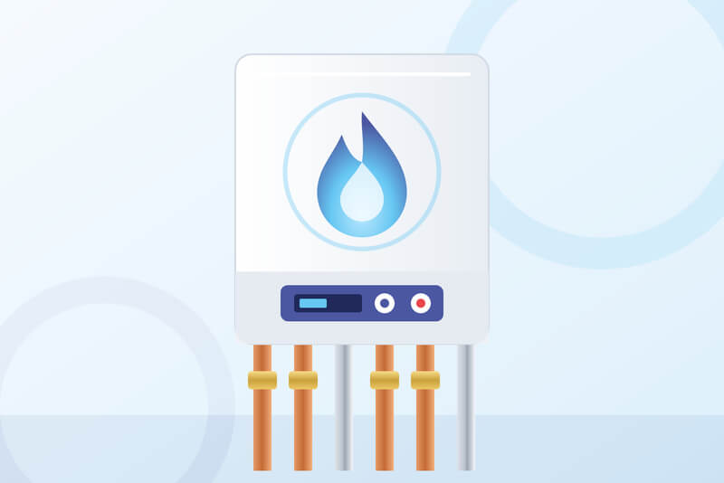 Illustration of a wall mounted boiler with a blue flame symbol and copper pipes below.