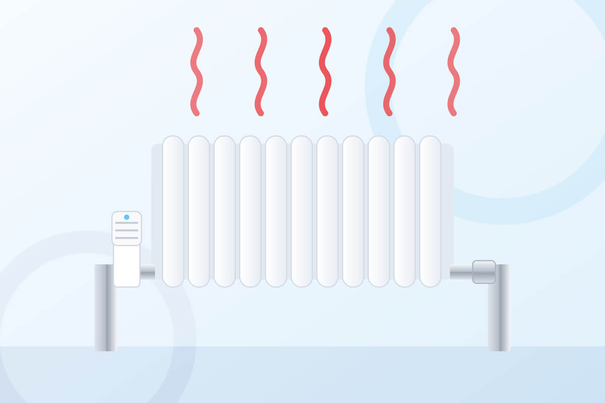 Illustration of a white radiator with a thermostatic valve and heat rising from it.