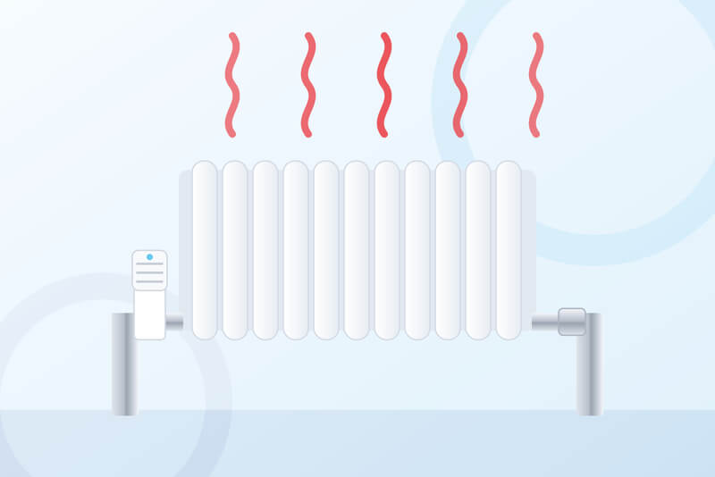 Illustration of a white radiator with a thermostatic valve and heat rising from it.