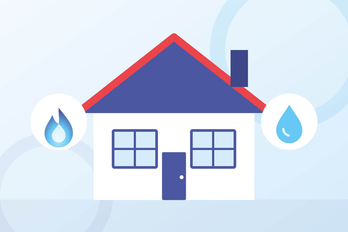 Illustration of a house with a blue gas flame on one side and a water drop on the other.