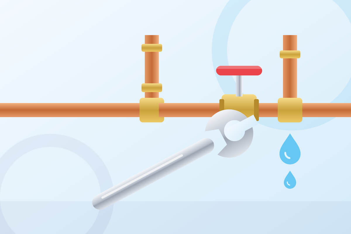 Illustration of copper pipework with brass fittings, a red handled valve, a spanner and dripping water.