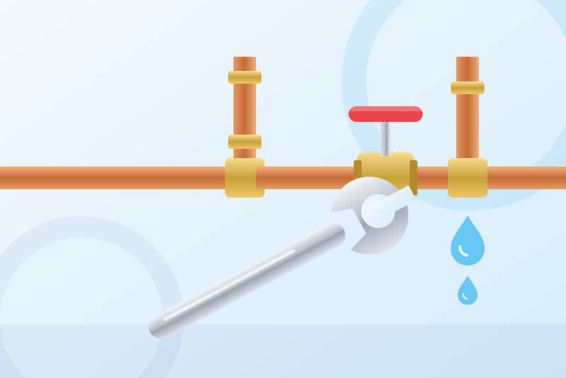 Illustration of copper pipework with brass fittings, a red handled valve, a spanner and dripping water.